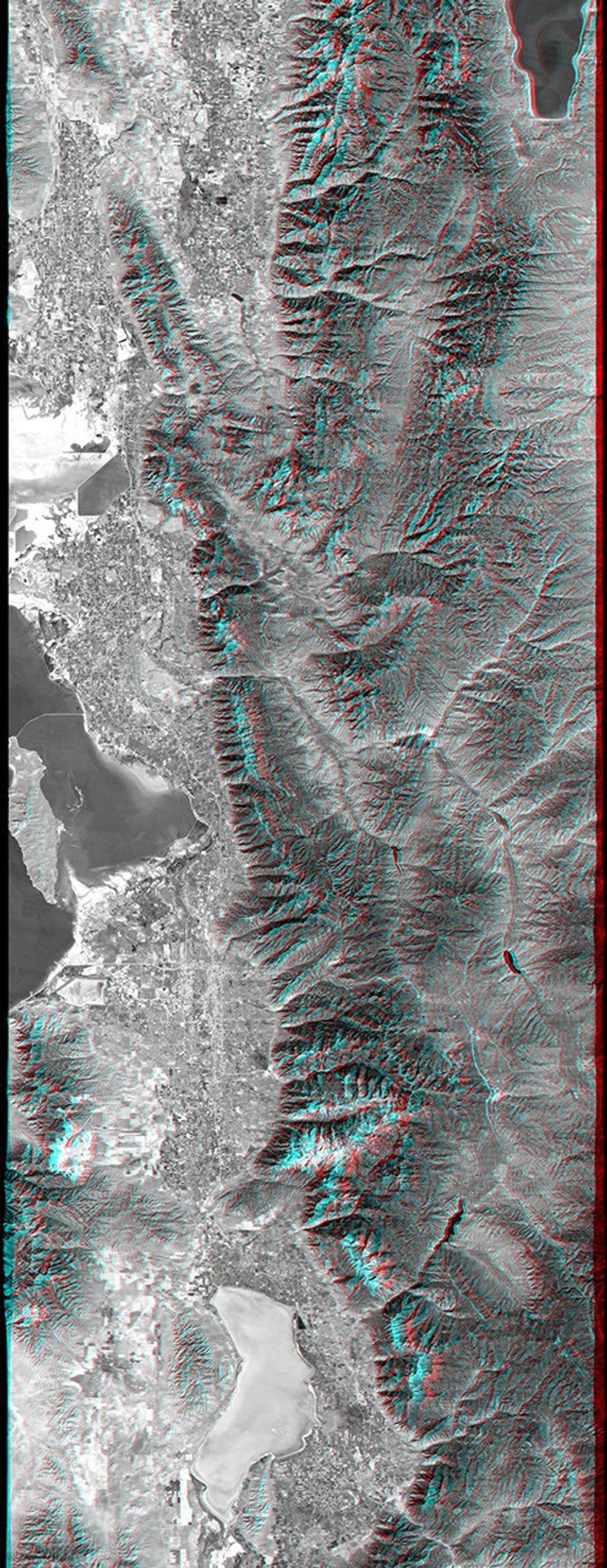 This anaglyph, from NASA's Shuttle Radar Topography Mission, is of Salt Lake City, Utah. 3D glasses are necessary to view this image.
