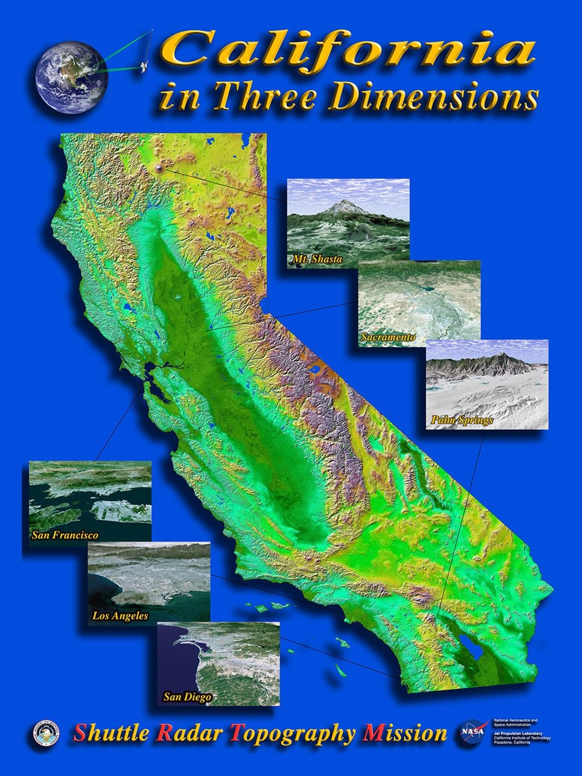 The diversity of landforms that make up the state of California is evident in this rendition of the 3-D topography of the state from NASA's Shuttle Radar Topography Mission.