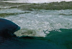 Most of Los Angeles, California is visible in this computer-generated north-northeast perspective viewed by from NASA's Shuttle Radar Topography Mission from above the Pacific Ocean.
