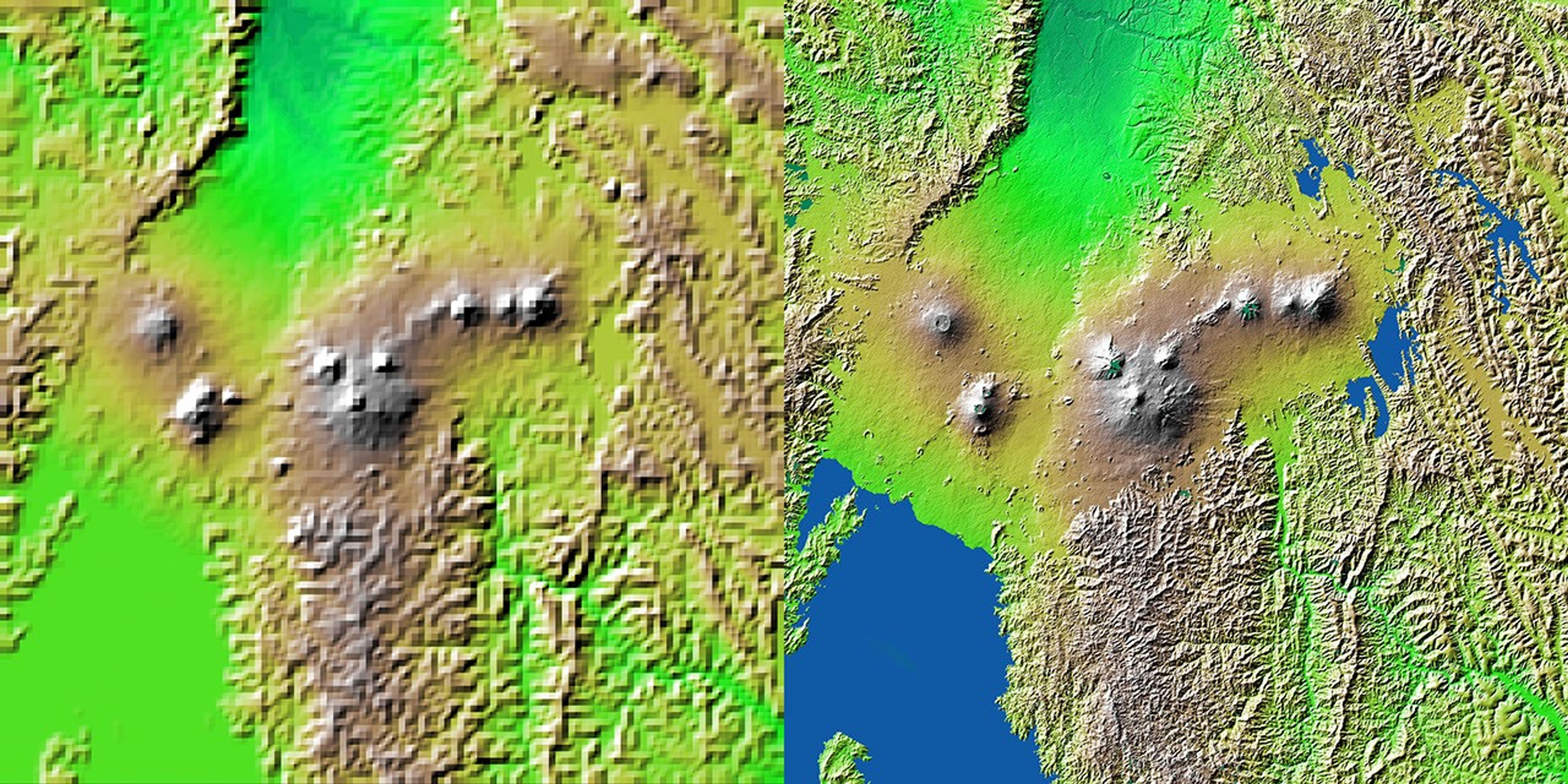 Volcanic, tectonic, erosional and sedimentary landforms are all evident in these images from NASA's Shuttle Radar Topography Mission of a region along the East African Rift at Lake Kivu. The area shown covers parts of Congo, Rwanda and Uganda.