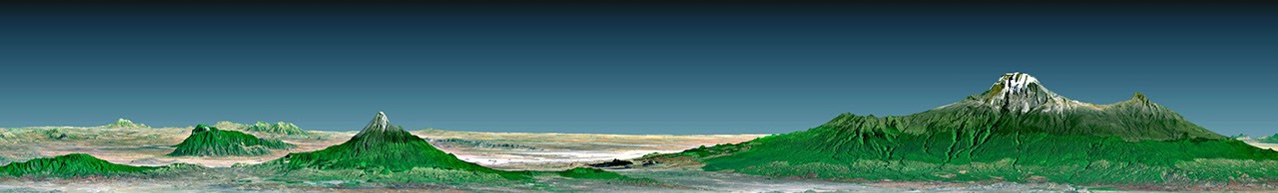 Mount Kilimanjaro, the highest point in Africa, reaches 5,895 meters (19,340 feet) above sea level, tall enough to maintain a permanent snow cap despite being just south of the equator.This image is from NASA's Shuttle Radar Topography Mission.