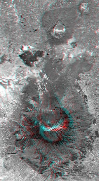 This anaglyph, from NASA's Shuttle Radar Topography Mission, is of Mount Meru, an active volcano located just 70 kilometers (44 miles) west of Mount Kilimanjaro. 3D glasses are necessary to view this image.