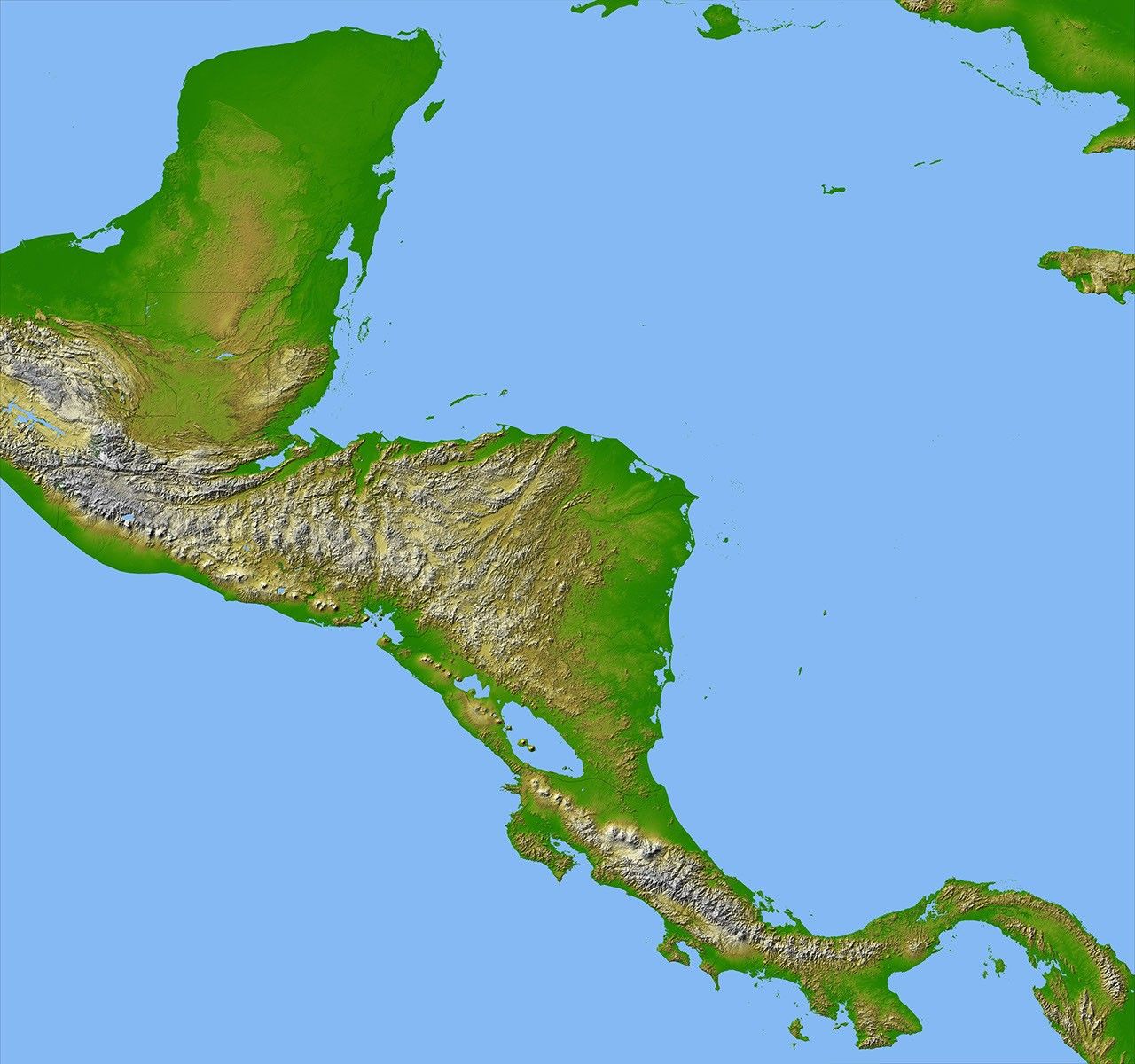 Panama, Costa Rica, Nicaragua, El Salvador, Honduras, Guatemala, Belize, southern Mexico and parts of Cuba and Jamaica are all seen in this image from NASA's Shuttle Radar Topography Mission.