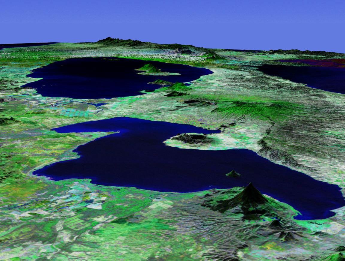 This perspective view acquired by NASA's Shuttle Radar Topography Mission from data collected in the year 2000 shows Lakes Managua and Nicaragua near the Pacific coast of Nicaragua.