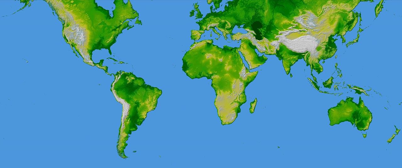 This image of the world was generated with data from NASA's Shuttle Radar Topography Mission.