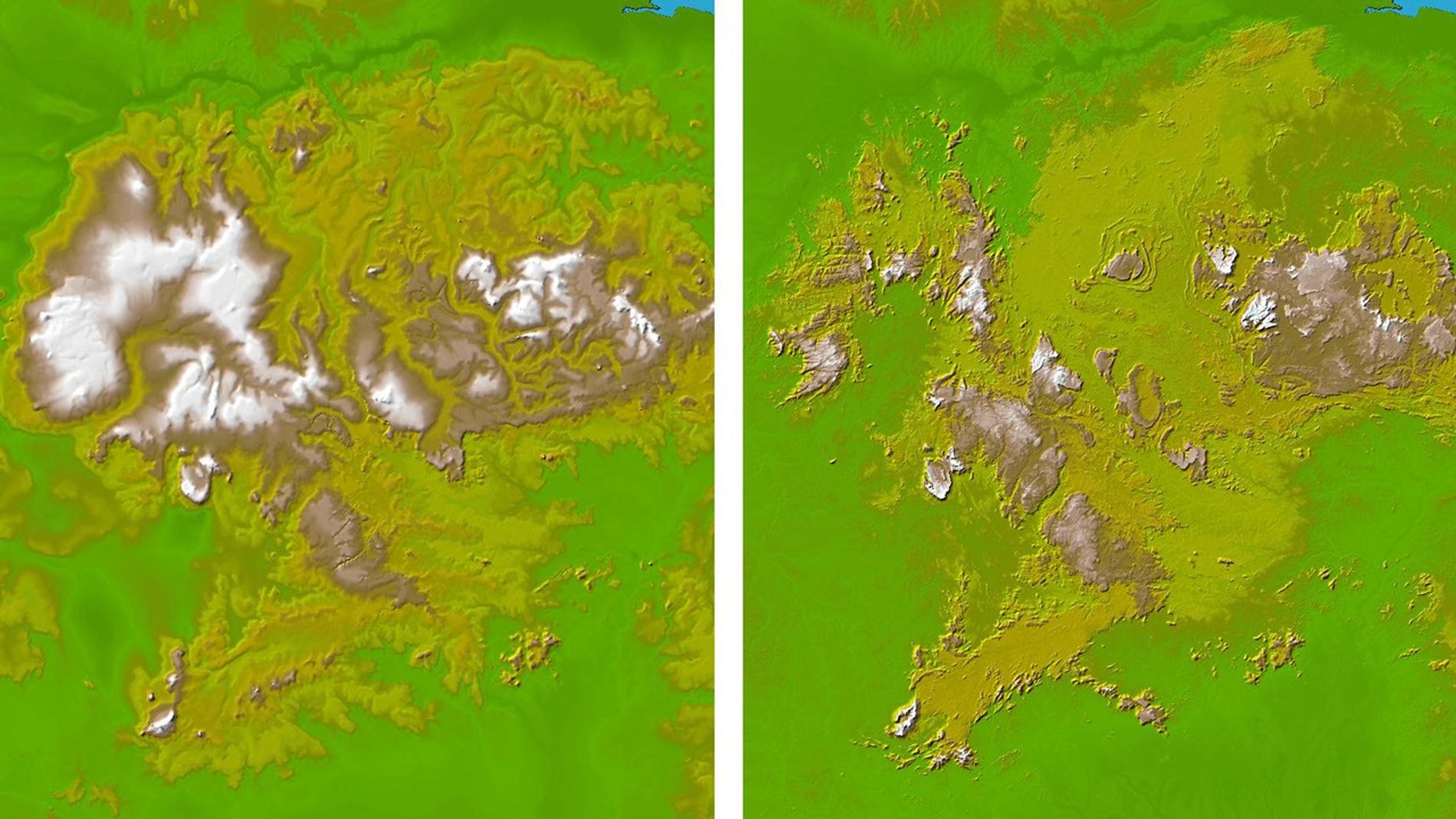 These two images show the area in South America, the Guiana Highlands straddling the borders of Venezuela, Guyana and Brazil as seen by NASA's Shuttle Radar Topography Mission.