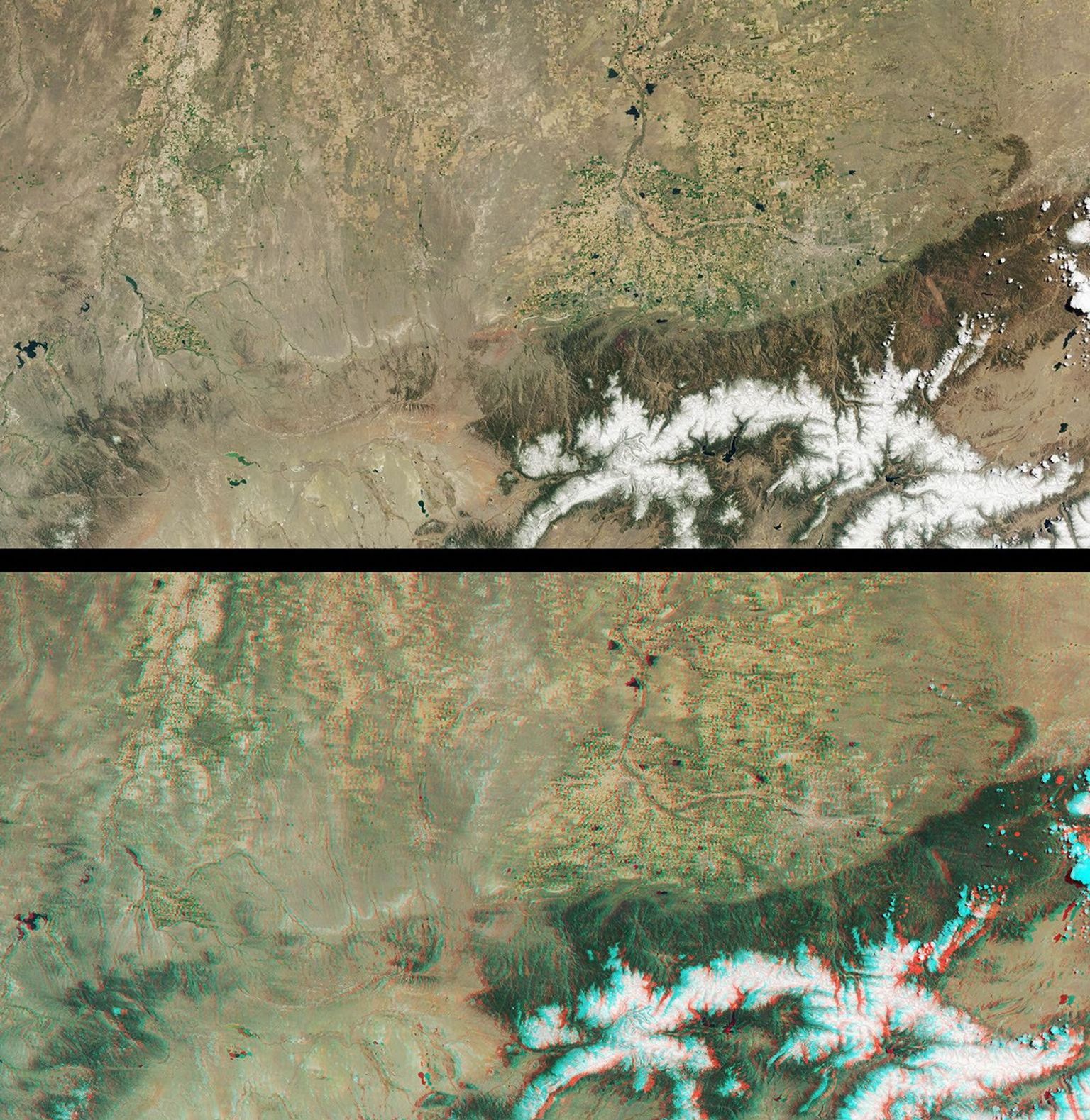 This anaglyph from the MISR instrument aboard NASA's Terra spacecraft include portions of southern Wyoming, central Colorado, and western Nebraska. 3D glasses are necessary to view this image.