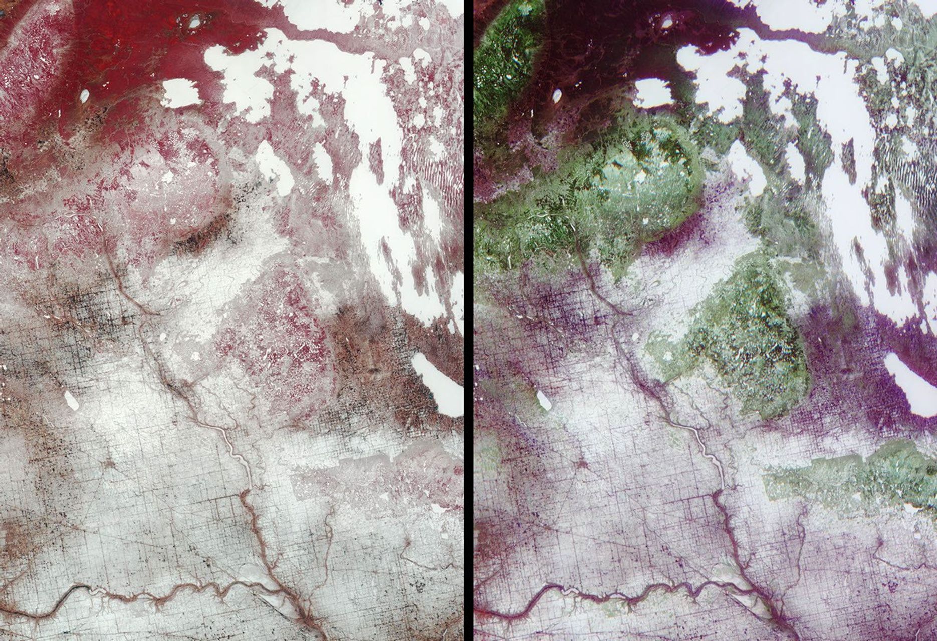 Surface brightness contrasts accentuated by a thin layer of snow enable a network of rivers, roads, and farmland boundaries to stand out clearly in these images from NASA's Terra satellite of southeastern Saskatchewan and southwestern Manitoba.