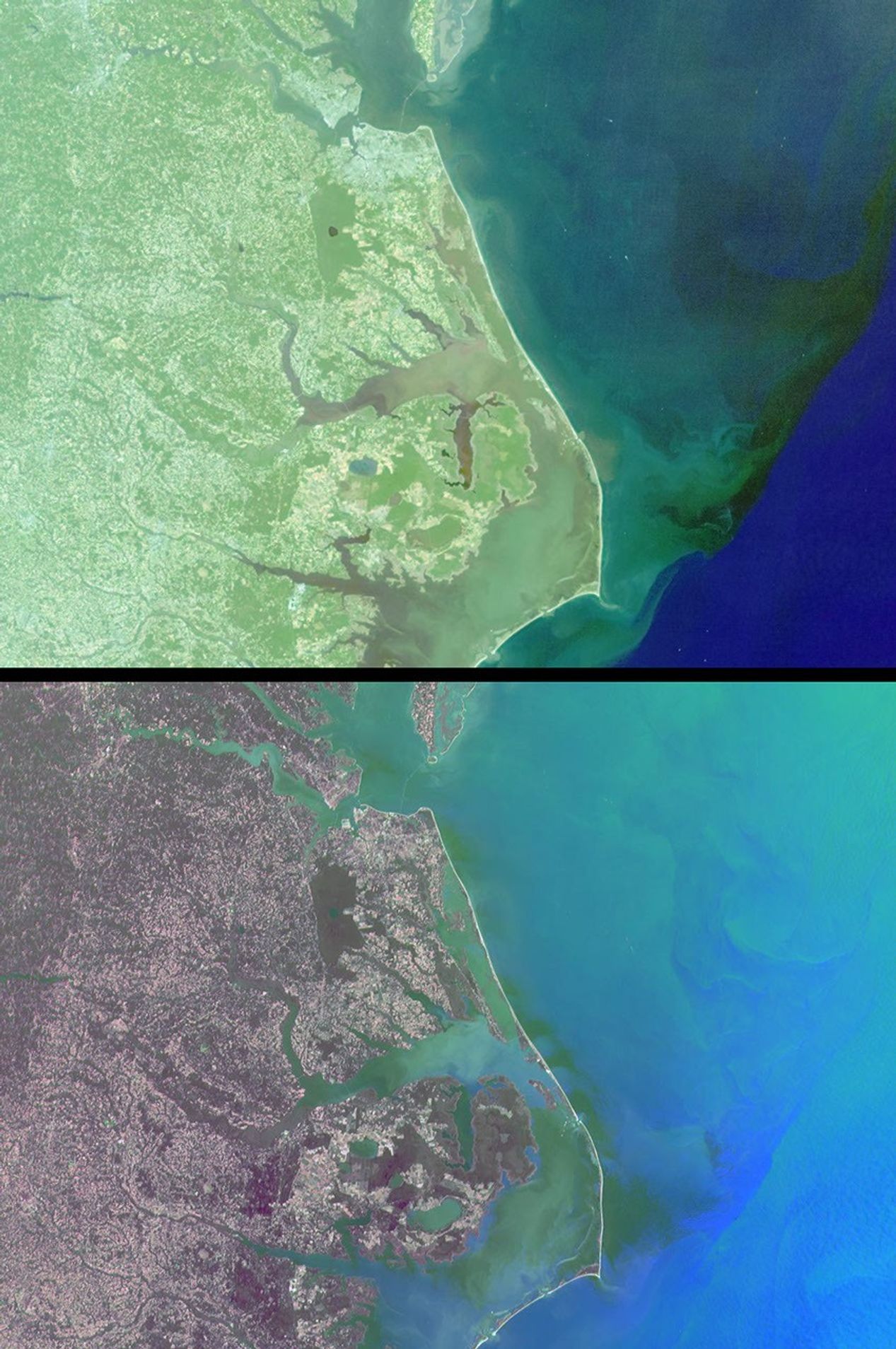 These images of mixing waters and moving ships off the North Carolina Coast were acquired by NASA's Terra satellite on October 11, 2000 (Terra orbit 4344).