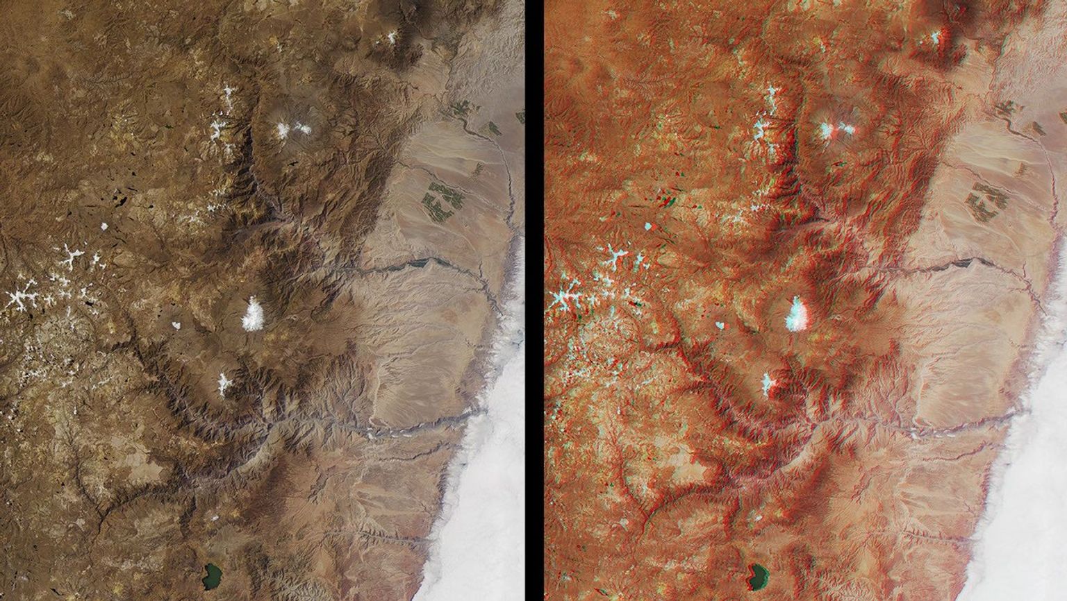 Spectacular canyons of the central Andes, in the Peruvian department of Arequipa, are seen in this anaglyph from the MISR instrument aboard NASA's Terra spacecraft. 3D glasses are necessary to view this image.