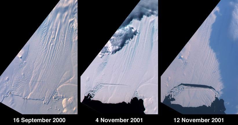 A large tabular iceberg (42 kilometers x 17 kilometers) broke off Pine Island Glacier, West Antarctica (75º S latitude, 102º W longitude) sometime between November 4 and 12, 2001, as seen by NASA's Terra satellite.