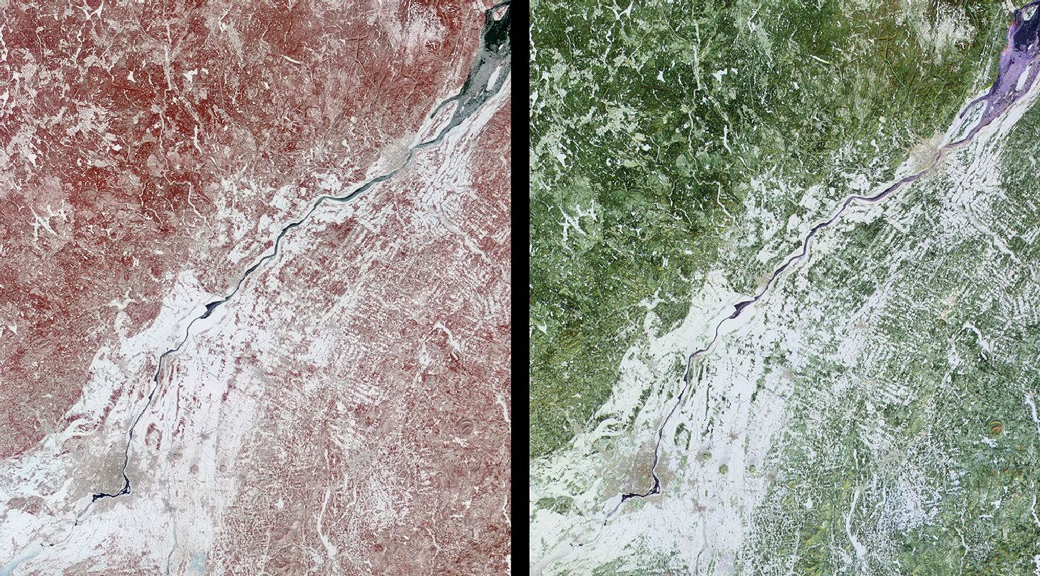 These images of Canada's Québec province were acquired by NASA's Terra satelliteon March 4, 2001.The region's forests are a mixture of coniferous and hardwood trees, and 'sugar-shack' festivities are held at this time of year to celebrate the beginning o