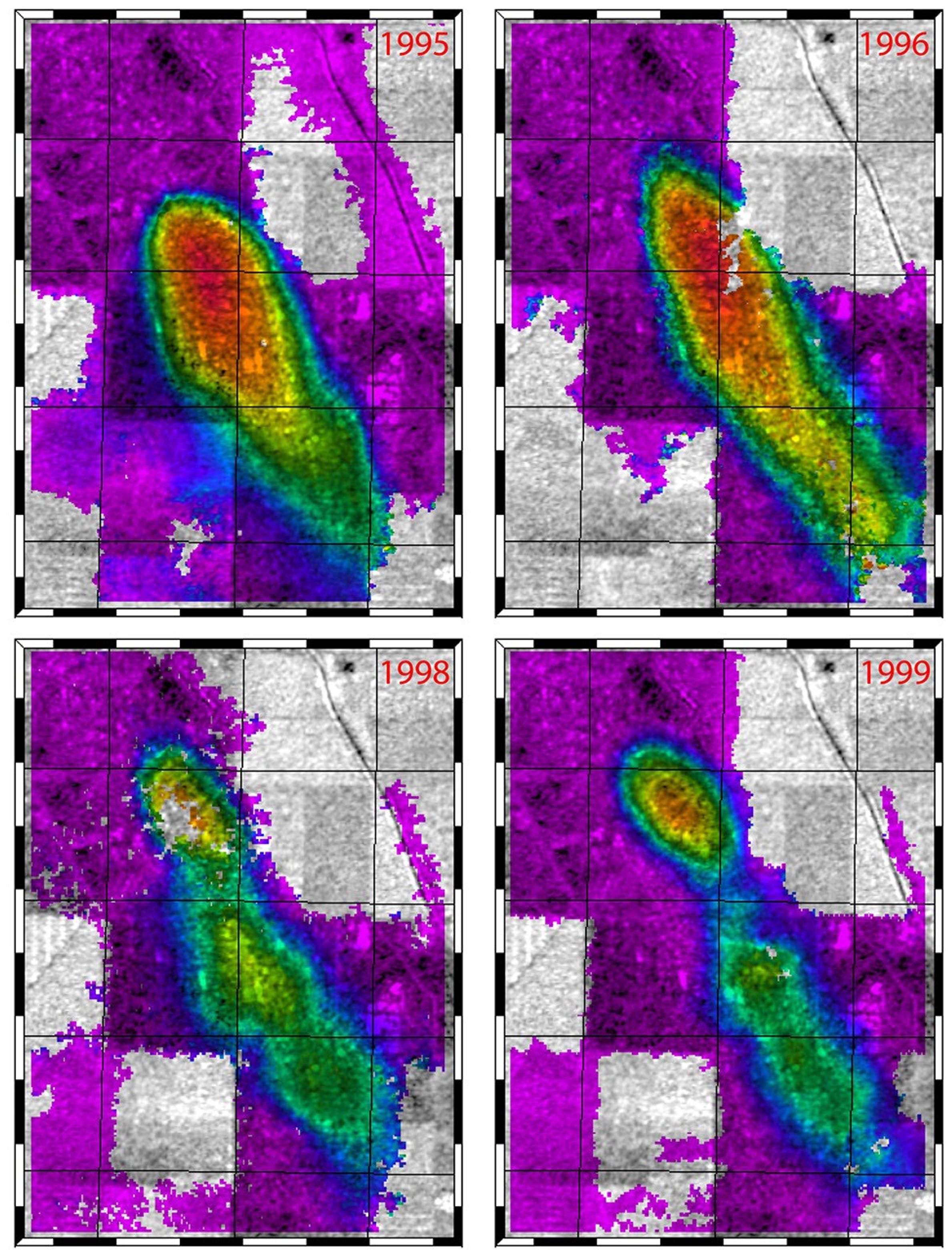 This figure from ESA's Remote Sensing satellites (ERS-1 and ERS-2) shows a comparison of interferograms from four different years mapping the rapid ground subsidence over the Lost Hills oil field in California.