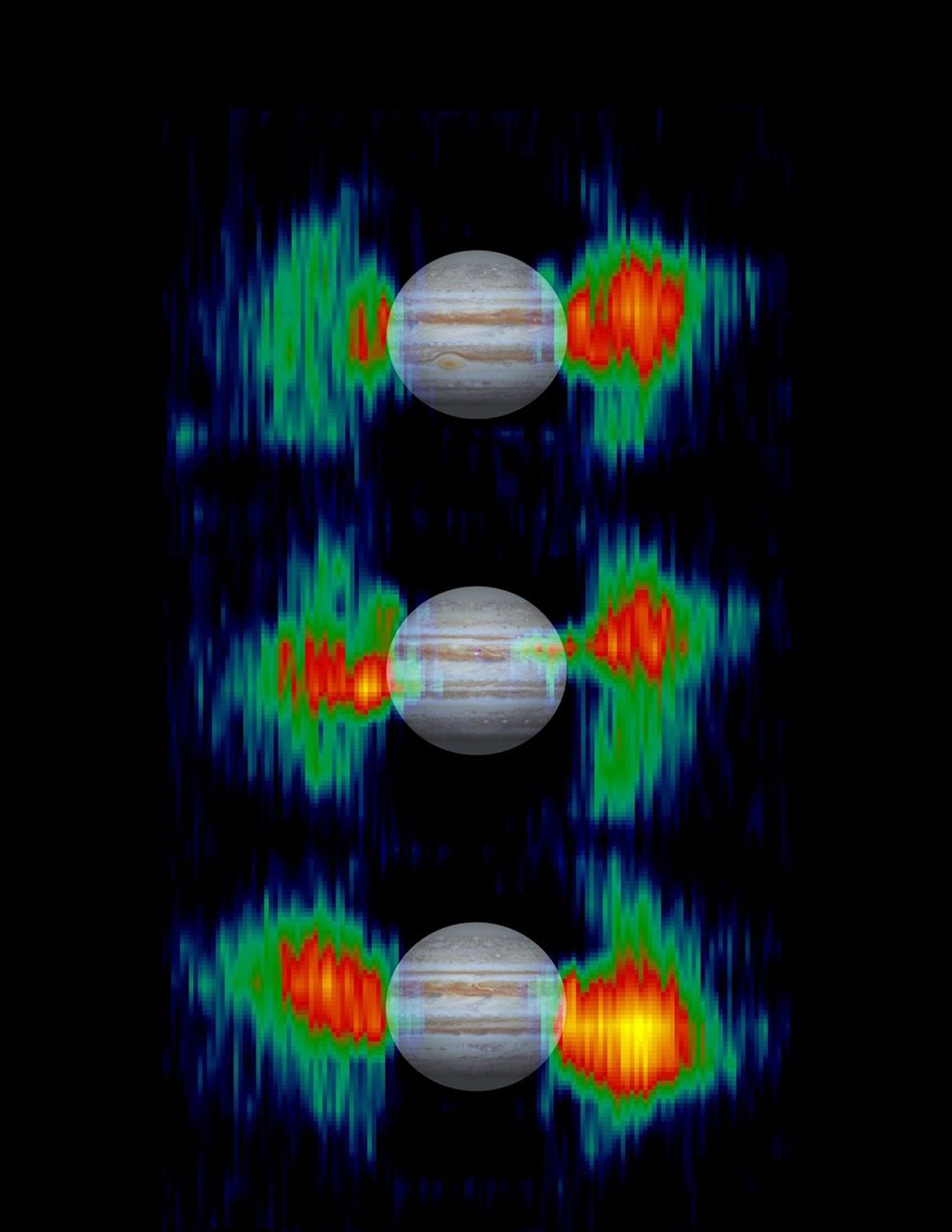 Details in radiation belts close to Jupiter are mapped from measurements that NASA's Cassini spacecraft made of radio emission from high-energy electrons moving at nearly the speed of light within the belts.
