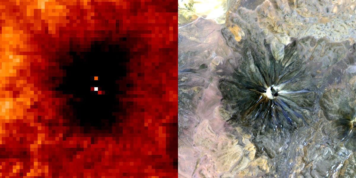Chiliques volcano in Chile shows a hot spot in the summit crater and several others along the upper flanks of the edifice, indicating volcanic activity. NASA's Terra satellite acquired this image on May 24, 2000.