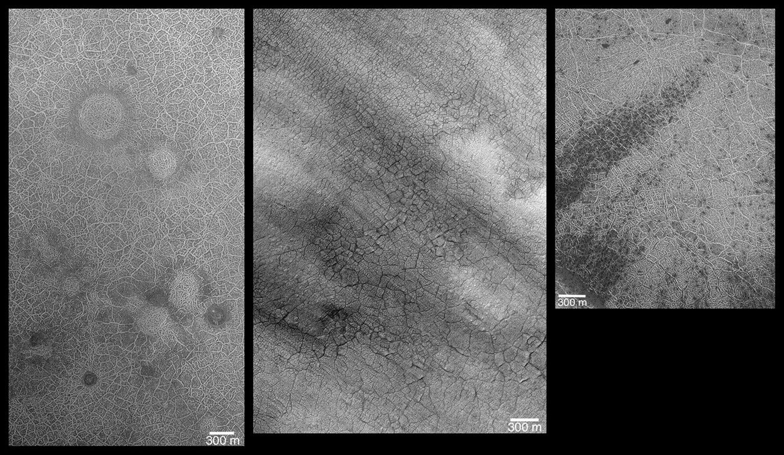 NASA's Mars Global Surveyor shows patterned ground on Mars taking the form of large polygons, each bounded by either troughs or ridges made up of rock particles different in size from those seen in the interior of the polygon.