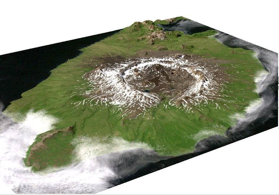 This image is a perspective view acquired by NASA's Airborne Synthetic Aperture Radar in 2001, is of Umnak Island, one of Alaska's Aleutian Islands. The active Okmok volcano appears in the center of the island.