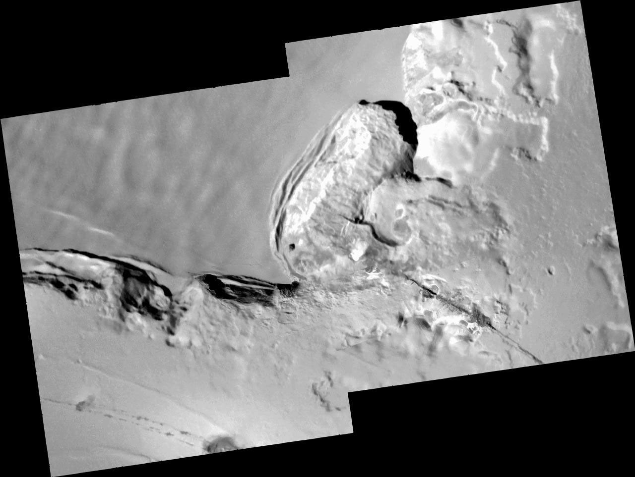 These images of an area called Telegonus Mensa on Jupiter's moon Io, taken by NASA's Galileo spacecraft on Oct. 16, 2001, reveal a complex interplay of geologic processes.