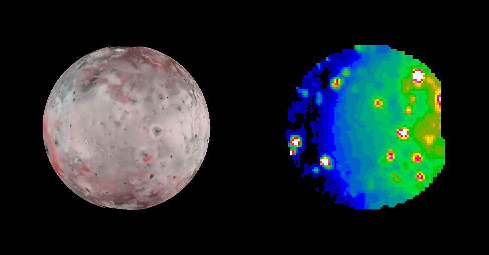 Hot eruption sites scattered across Jupiter's moon Io stand out dramatically in an infrared image taken Oct. 13, 2001, by NASA's Galileo spacecraft as it sped past this most volcanically active of all known worlds.
