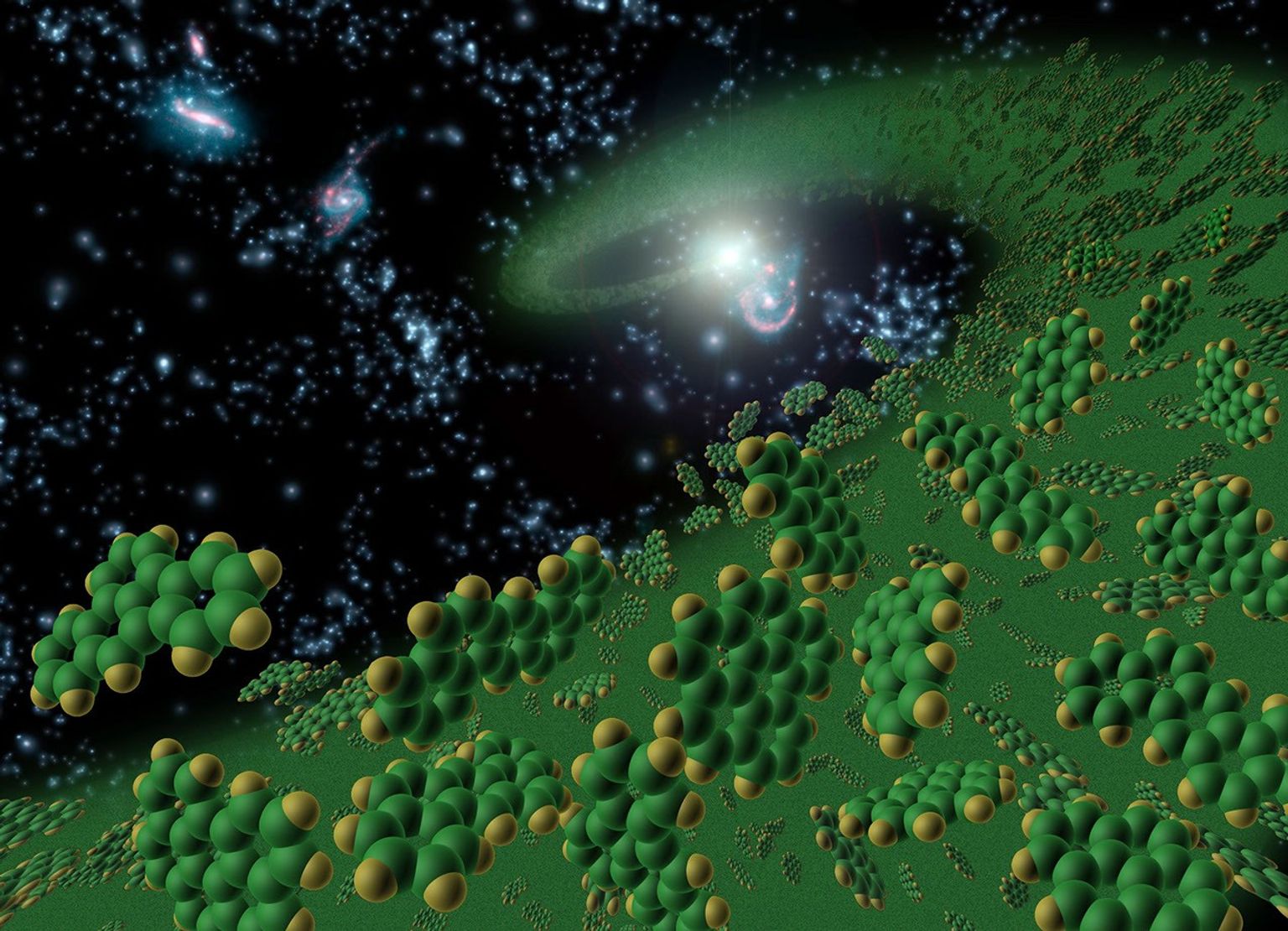 This artist's conception symbolically represents complex organic molecules, known as polycyclic aromatic hydrocarbons, seen in the early universe. These large molecules, comprised of carbon and hydrogen, are considered among the building blocks of life.