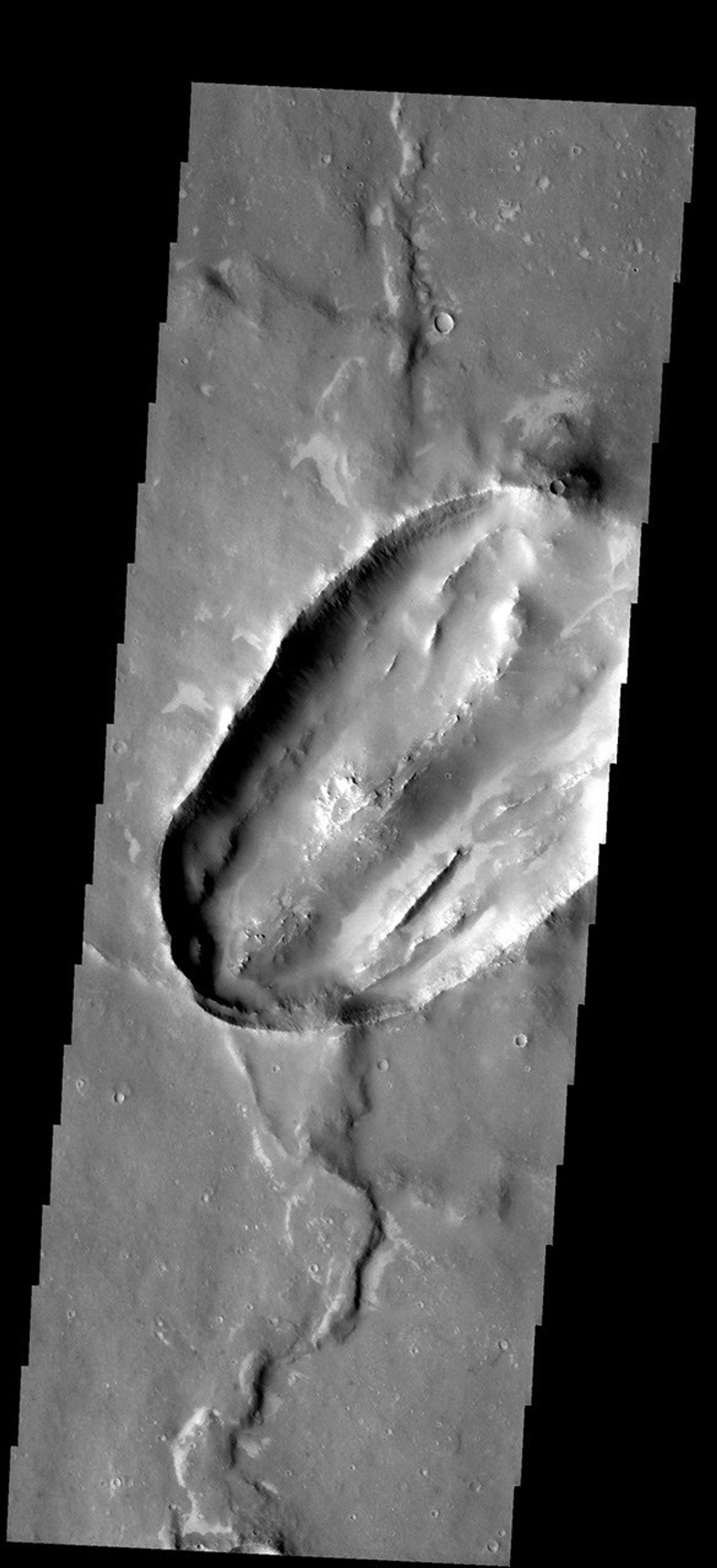 This unusual crater on Mars is located in Sinai Planum as seen by NASA's 2001 Mars Odyssey spacecraft. Not only is the shape of this crater odd, but just how the ridges on the floor formed is unknown.