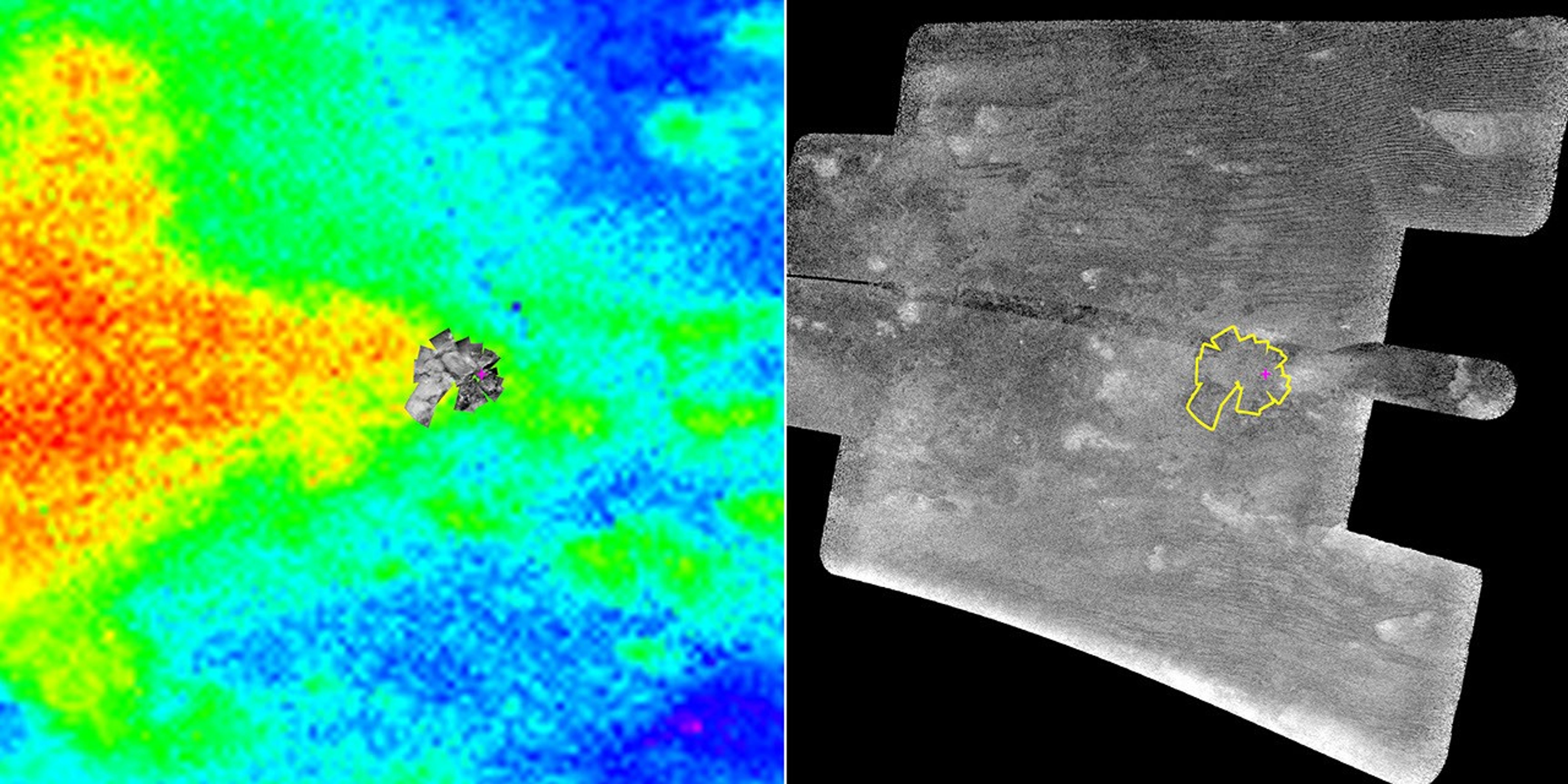 NASA's Cassini spacecraft carried the European Space Agency's Huygens probe to Saturn and released it in December 2004. The magenta cross in both images shows the best estimate of the actual Huygens landing site.