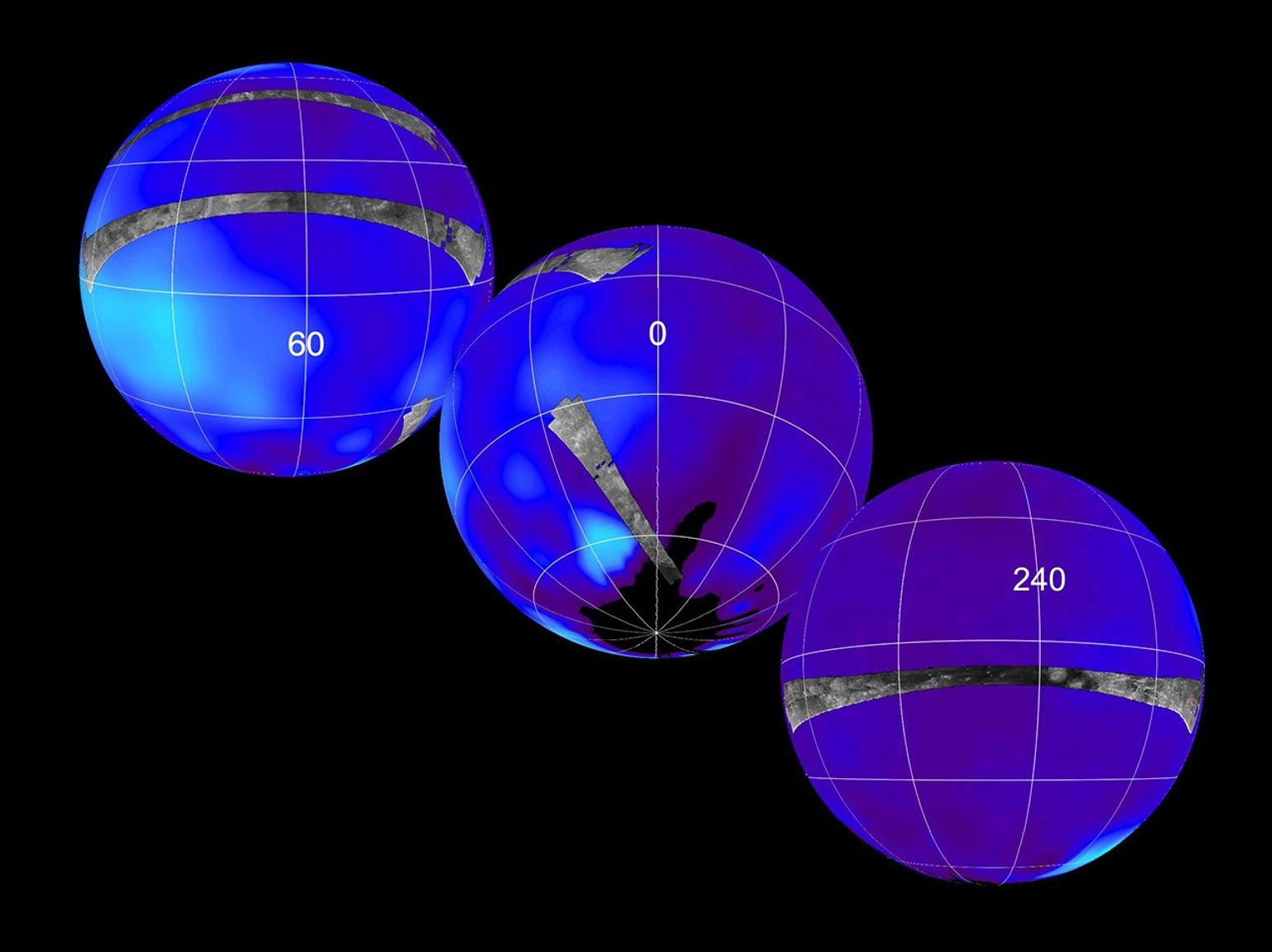 This set of images shows the areas mapped so far on Saturn's moon Titan by NASA's Cassini radar mapper using its synthetic aperture radar imaging mode.