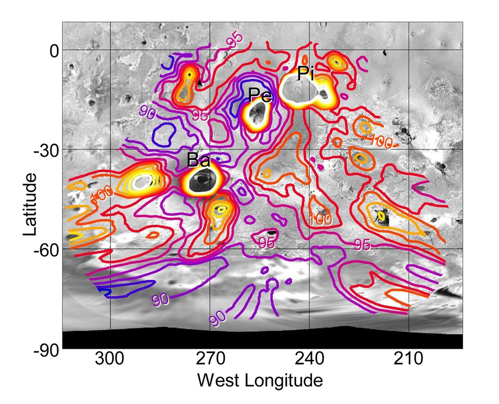 Nighttime temperatures in the southern hemisphere of Jupiter's moon Io, mapped here with data from NASA's Galileo spacecraft, give hints about the textures of surface materials, as well as the locations of volcanic hot spots.