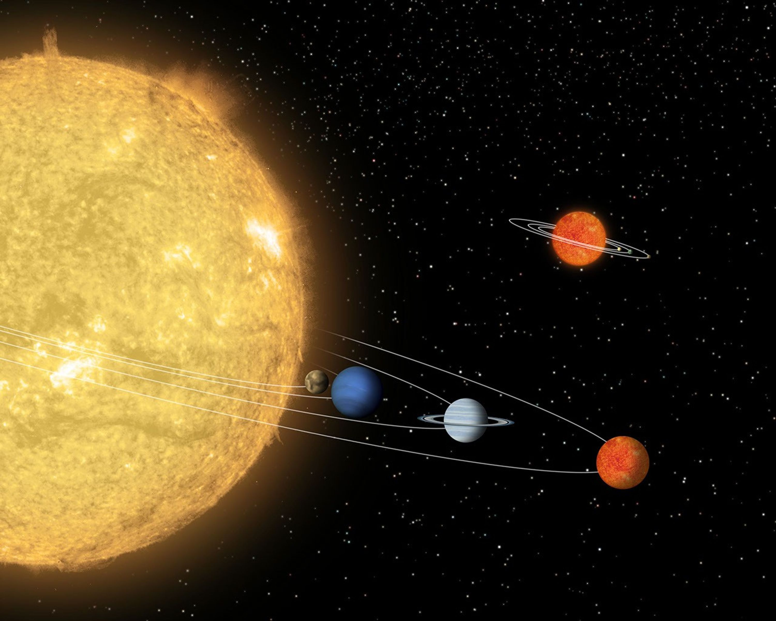 Artist's concept compares a hypothetical solar system centered around a tiny 'sun' to a known solar system centered around a star 55 Cancri.