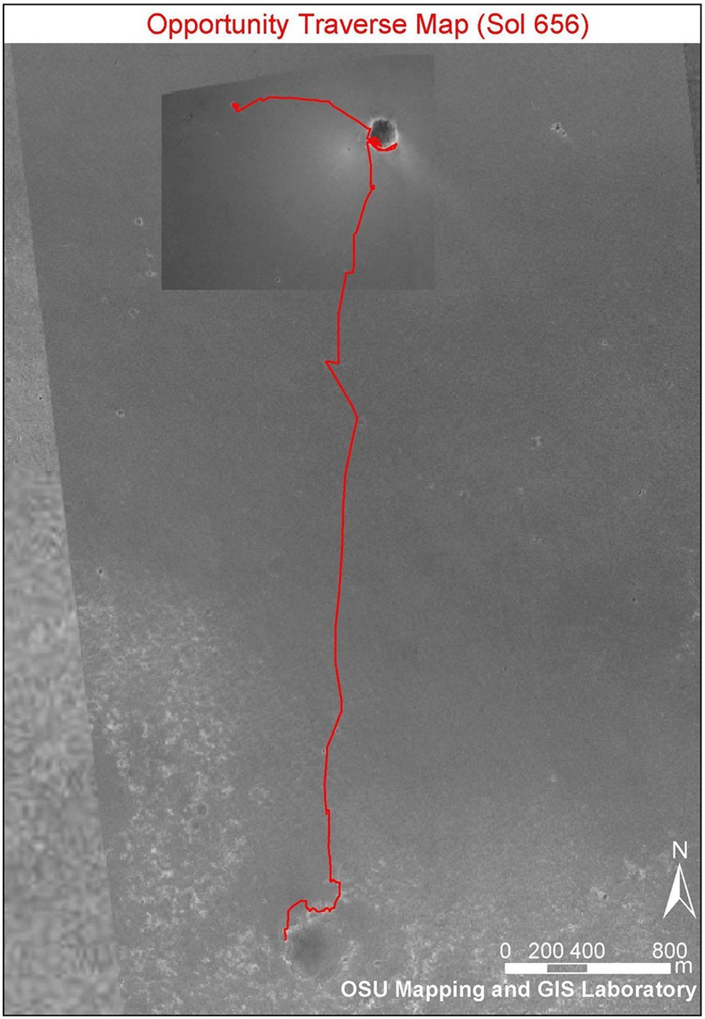 This combined image taken by NASA's 2001 Mars Odyssey, and Mars Global Surveyor, shows the route that Mars Exploration Rover Opportunity had taken its landing site inside 'Eagle Crater' to its position on Nov. 27, 2005, at the edge of Erebus Crater.