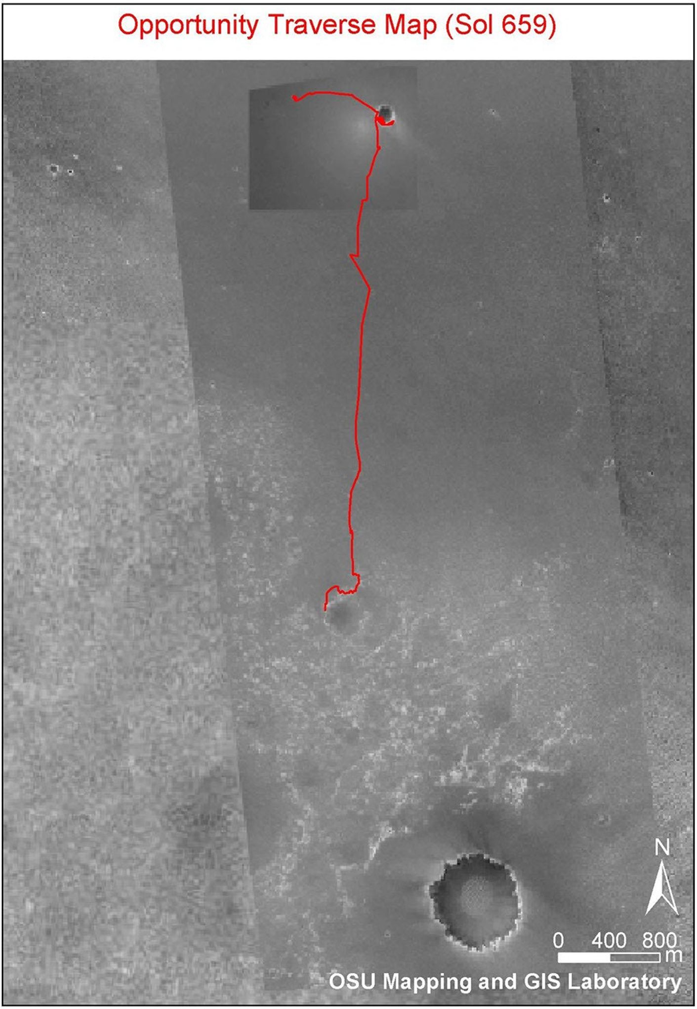 This combined image taken by NASA's 2001 Mars Odyssey, and Mars Global Surveyor, shows the route that Mars Exploration Rover Opportunity had taken its landing site inside 'Victoria Crater' to its position on Dec. 1, 2005.