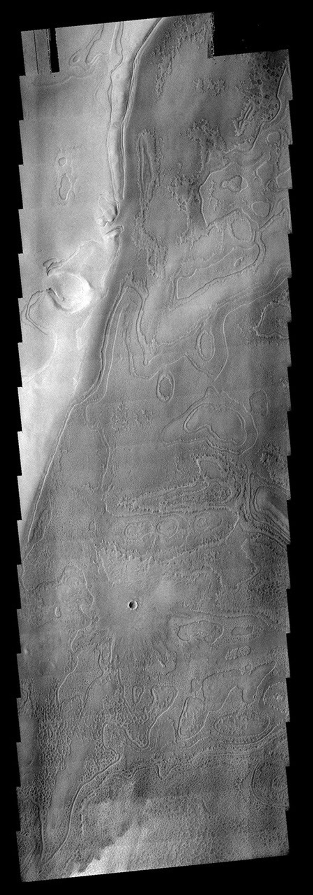 This image shows part of the south polar region on Mars. The ejecta from the relatively young crater covers the rougher textured polar surface as seen by NASA's 2001 Mars Odyssey spacecraft.