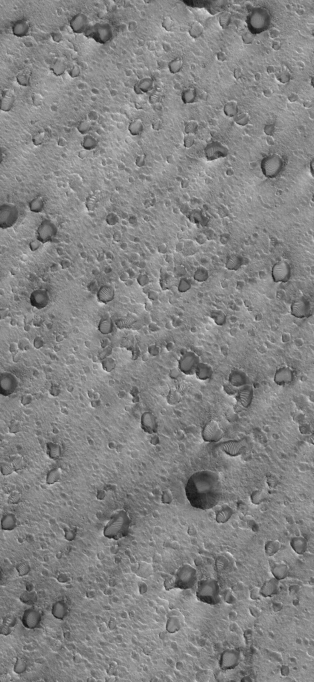 NASA's Mars Global Surveyor shows a field of secondary craters located on the plains north of Ares Vallis, roughly 30 or 35 kilometers (19-22 miles) northeast of the Mars Pathfinder landing site.