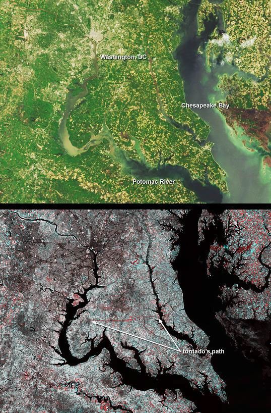 A category F4 tornado tore through La Plata, Maryland on April 28, 2002, killing 5 and injuring more than 100 people. This image from NASA's Terra satellite was acquired on May 1, 2002.