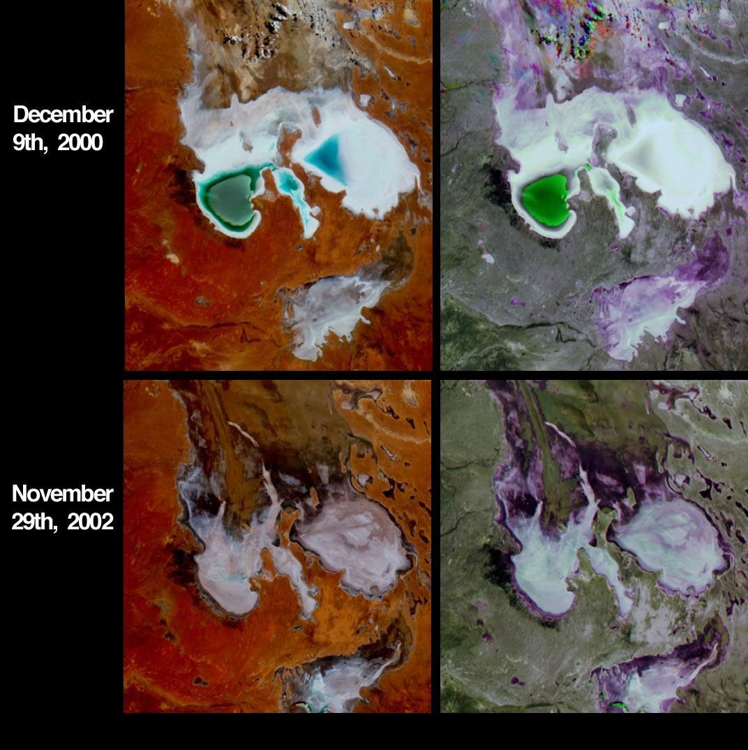 Lake Eyre is a large salt lake situated between two deserts in one of Australia's driest regions. These four images from NASA's Terra spacecraft austral summers of 2000 and 2002.