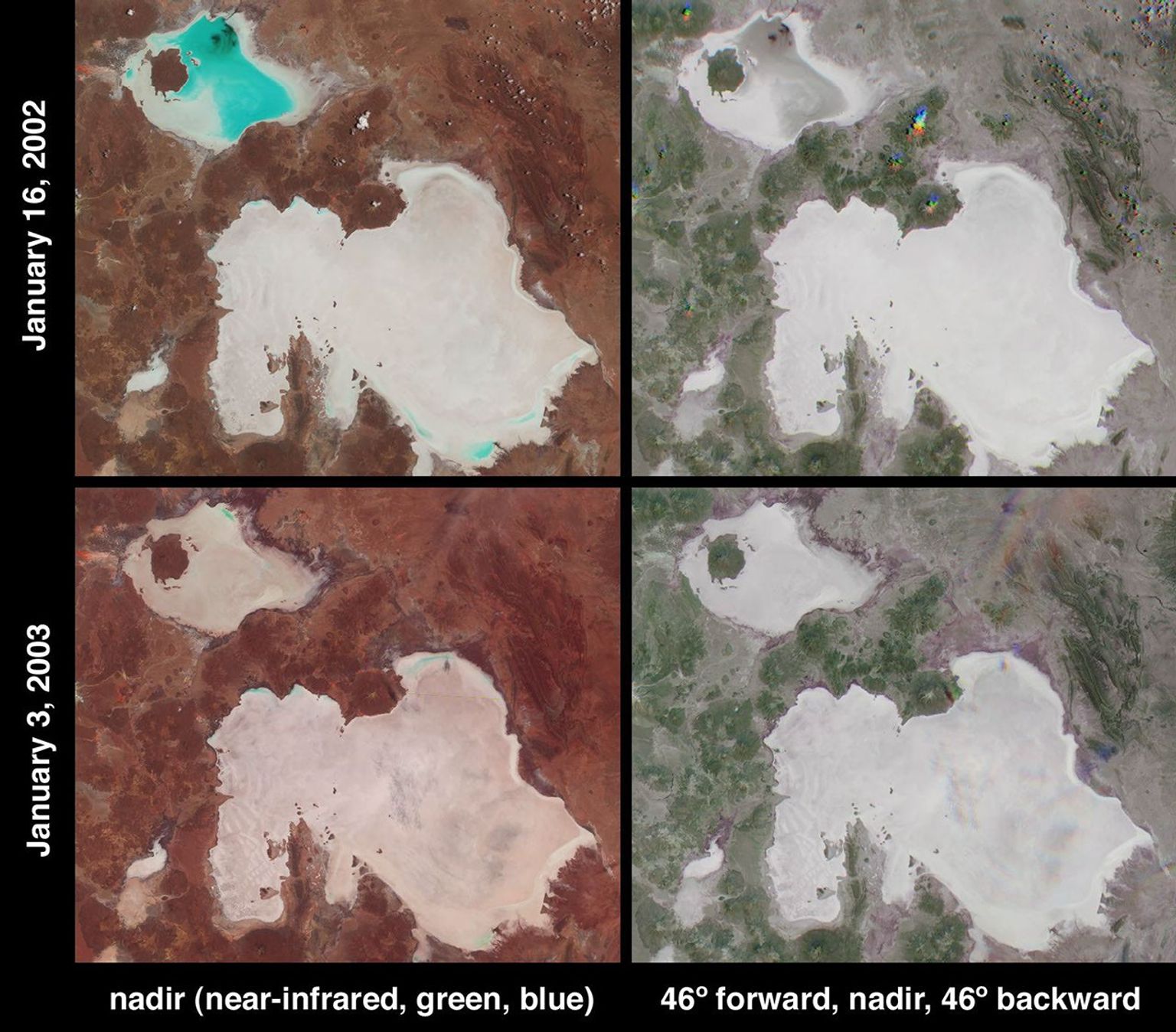 In the high plateau of southwestern Bolivia, two large salt deserts, or playas, are located between the eastern and western Andes. NASA's Terra spacecraft depicted the playas on January 16, 2002 and January 3, 2003.