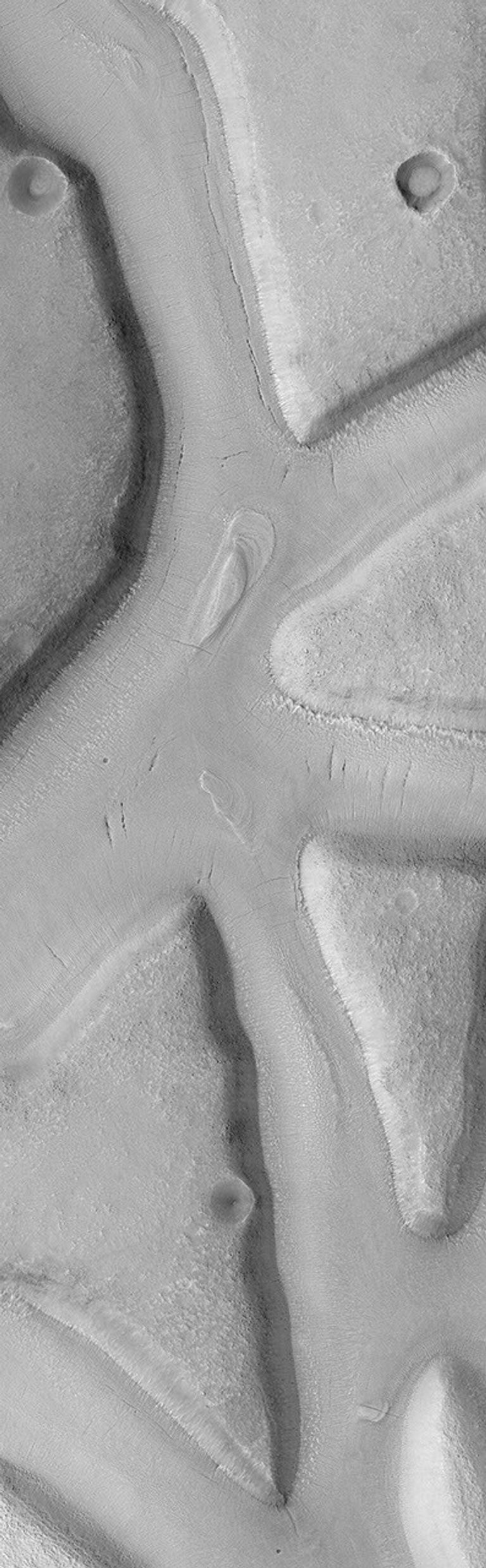 NASA's Mars Global Surveyor shows a region of flat-topped mesas on Mars separated by valleys or troughs of similar depth and width. Valley floors are covered by a material showing thin cracks and collapse pits aligned along some of these cracks.