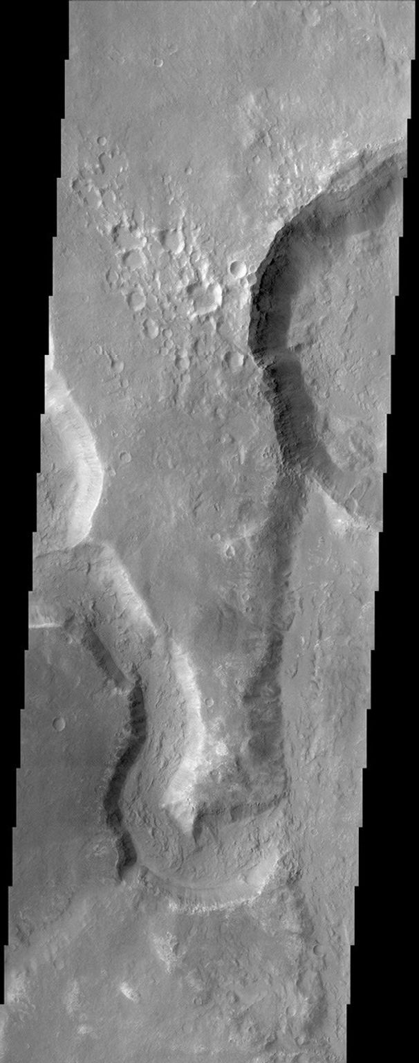 This image from NASA's Mars Odyssey spacecraft captures two channels (Nirgal Vallis is the smaller sinuous channel on the left and Uzboi Vallis is the larger channel located in the lower right) and Luki Crater located in the upper right.