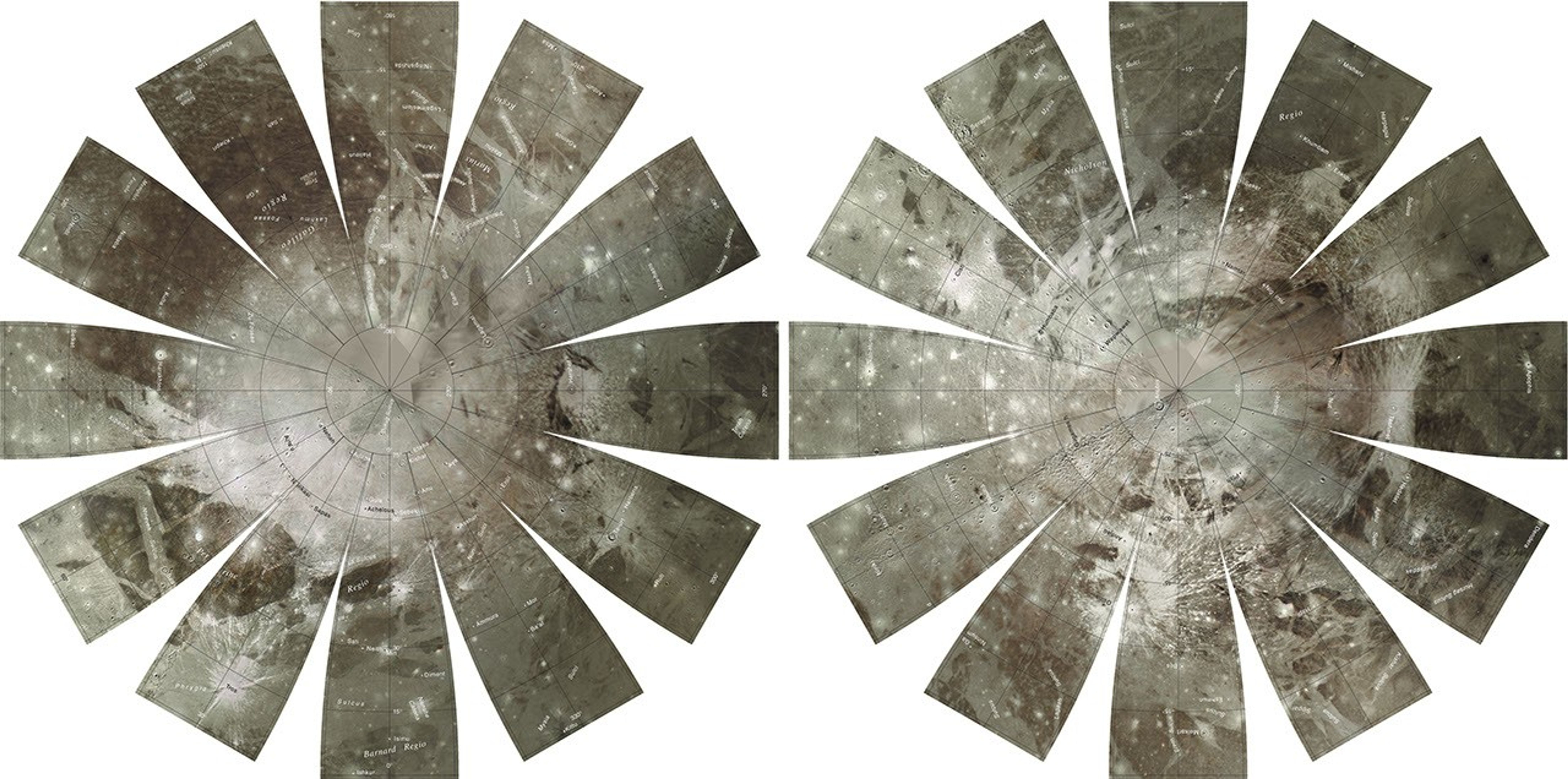 The images used for the base of this Ganymede globe were chosen from coverage supplied by NASA's Galileo solid-state imaging (SSI) camera and Voyager 1 and 2 spacecraft.