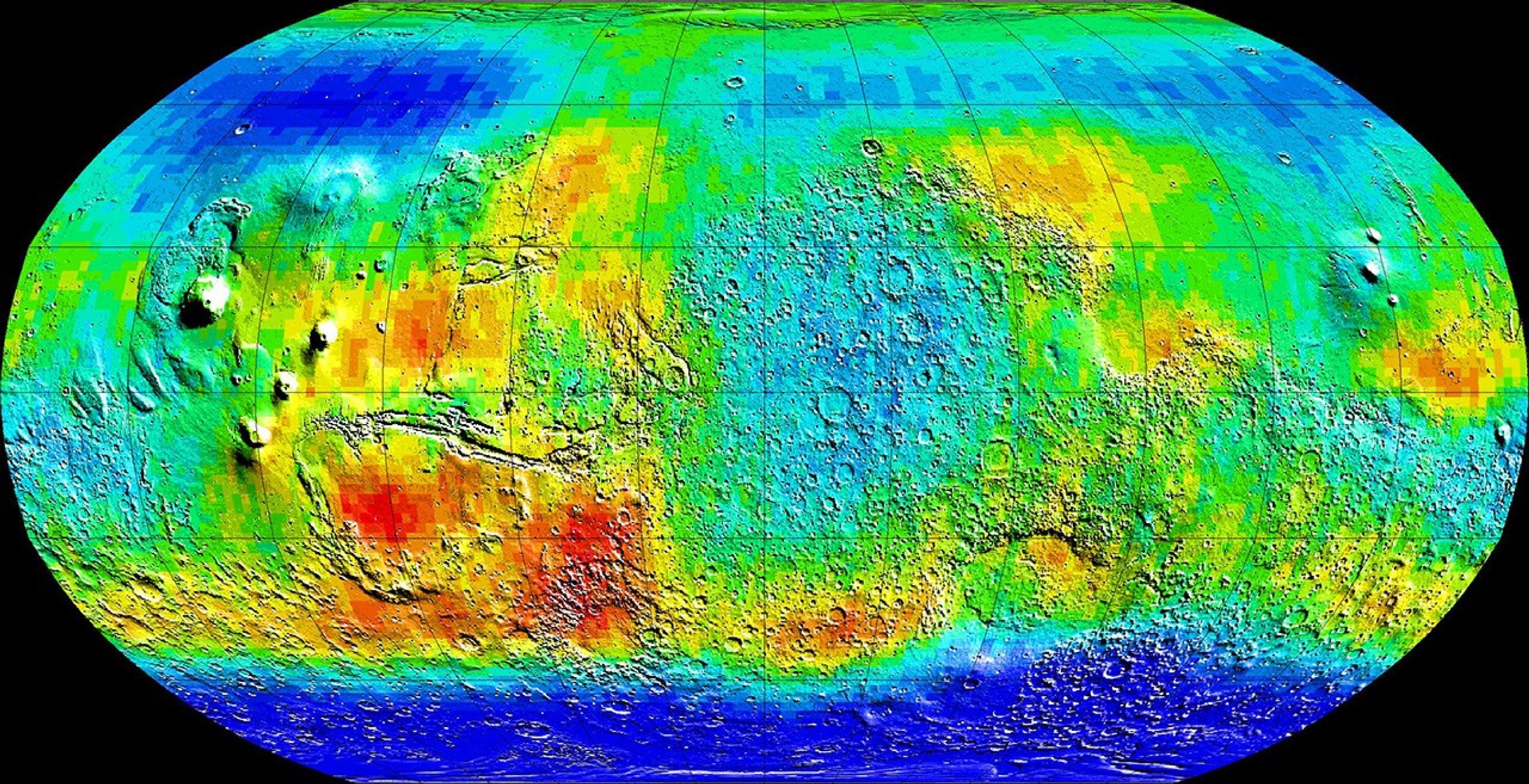 NASA Mars Odyssey observations are used in this global view of Mars in intermediate-energy, or epithermal, neutrons. Soil enriched by hydrogen is indicated by the deep blue colors on the map, which show a low intensity of epithermal neutrons.
