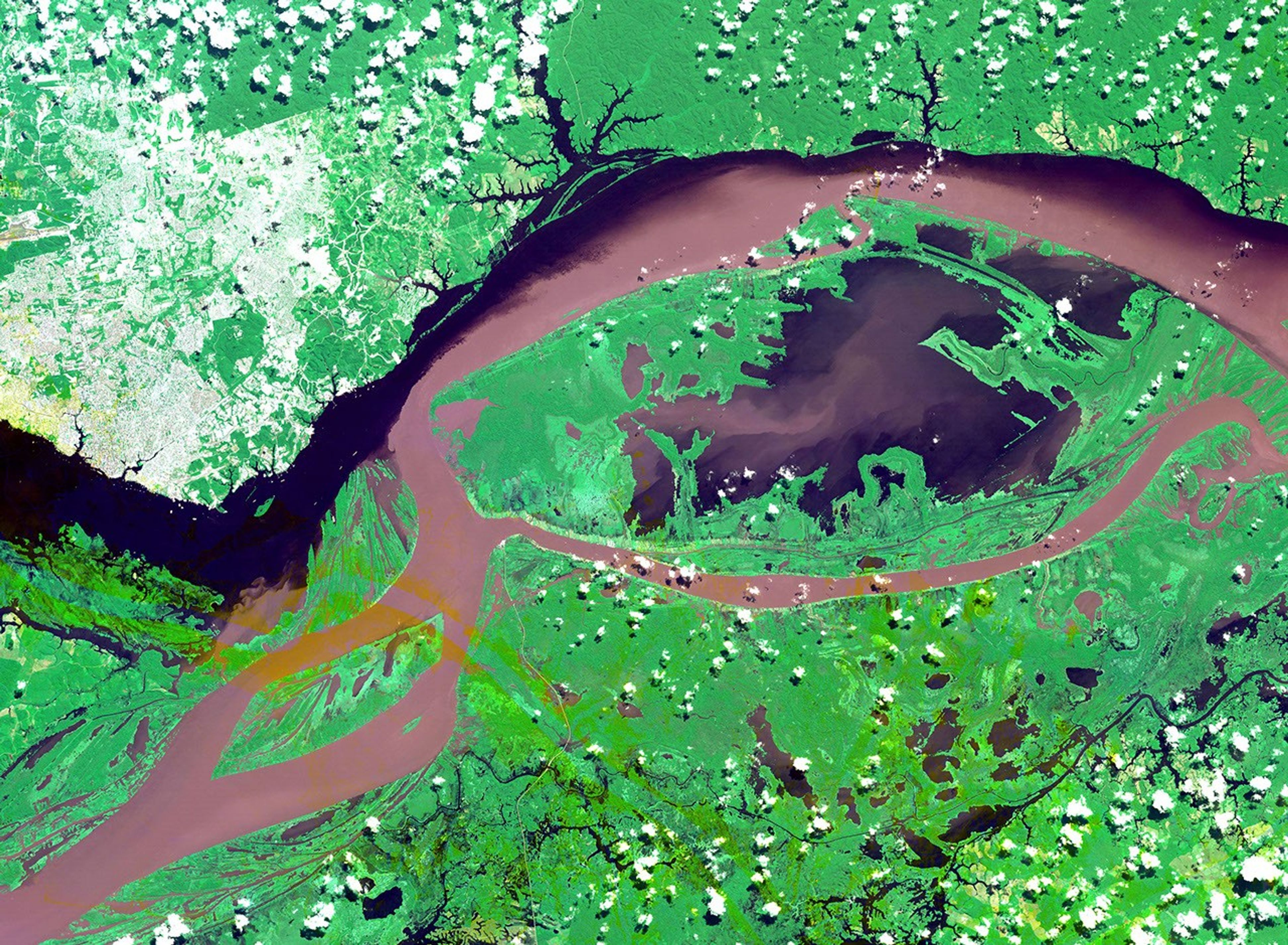 This image from NASA's Terra spacecraft shows the junctions of the Amazon and the Rio Negro Rivers at Manaus, Brazil.