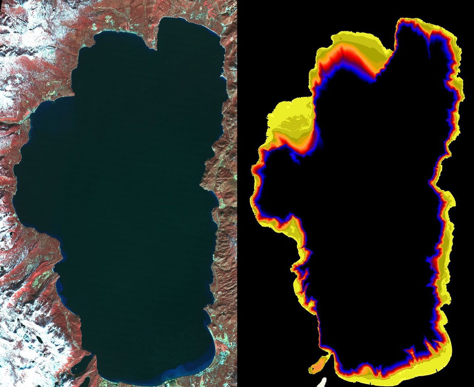 This image acquired by NASA's Terra satellite llustrates the state of gradually decreasing water clarity at Lake Tahoe, one of the clearest lakes in the world.