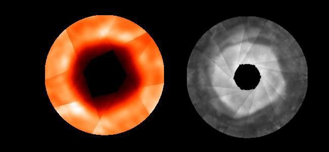 These composite images of Jupiter's north polar region from NASA's Hubble Space Telescope (right) and the Infrared Telescope Facility (left) show a quasi-hexagonal shape that extends vertically from the stratosphere down into the top of the troposphere.