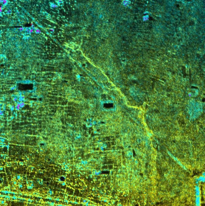 This radar image, taken by NASA's Airborne Synthetic Aperture Radar in 2002, shows the Old Khmer Road (Inrdratataka-Bakheng causeway) in Cambodia.
