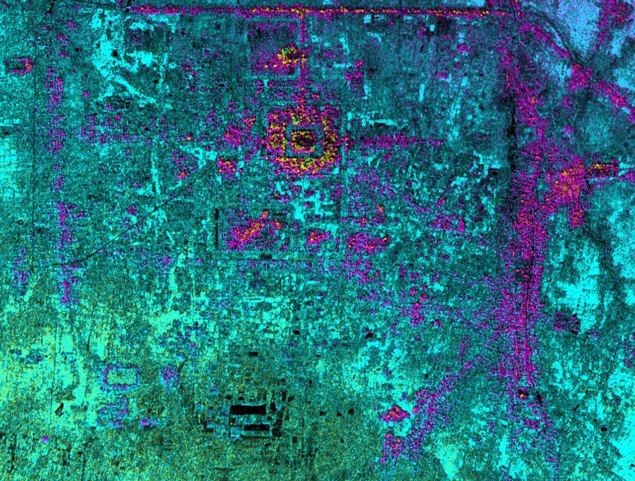 This radar image, taken by NASA's Airborne Synthetic Aperture Radar in 2002, shows Hariharalaya, the ancient 9th Century A.D. capitol of the Khmer in Cambodia in the upper center portion.