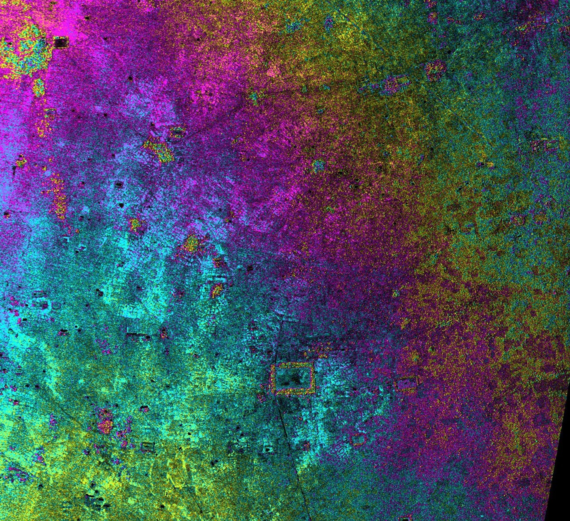 This radar image, taken by NASA's Airborne Synthetic Aperture Radar in 2002, shows Nokor Pheas Trapeng, Cambodia.