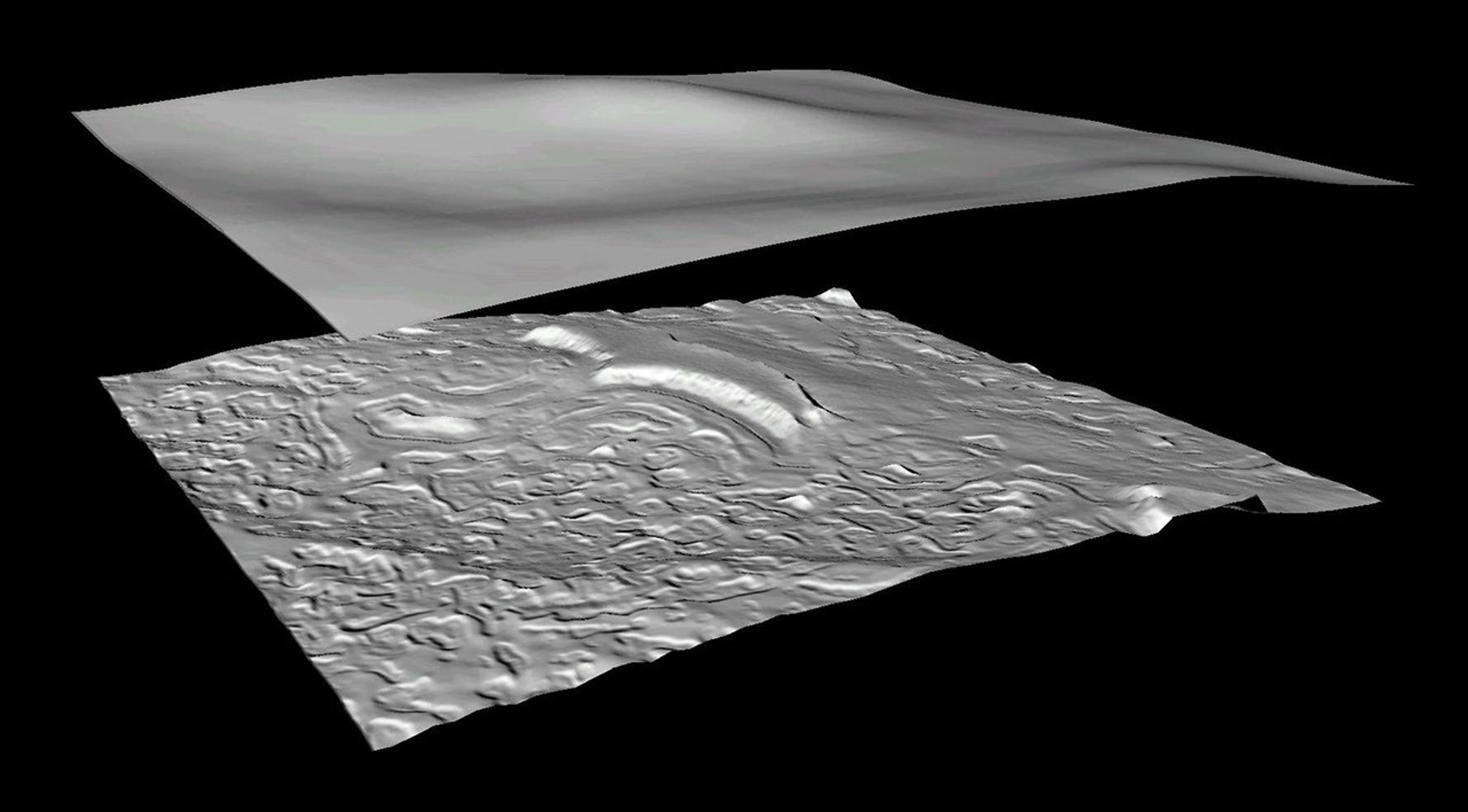 NASA's Mars Global Surveyor shows a shaded relief model derived from the MGS MOLA gridded topography for a small part Mars' polar cap.