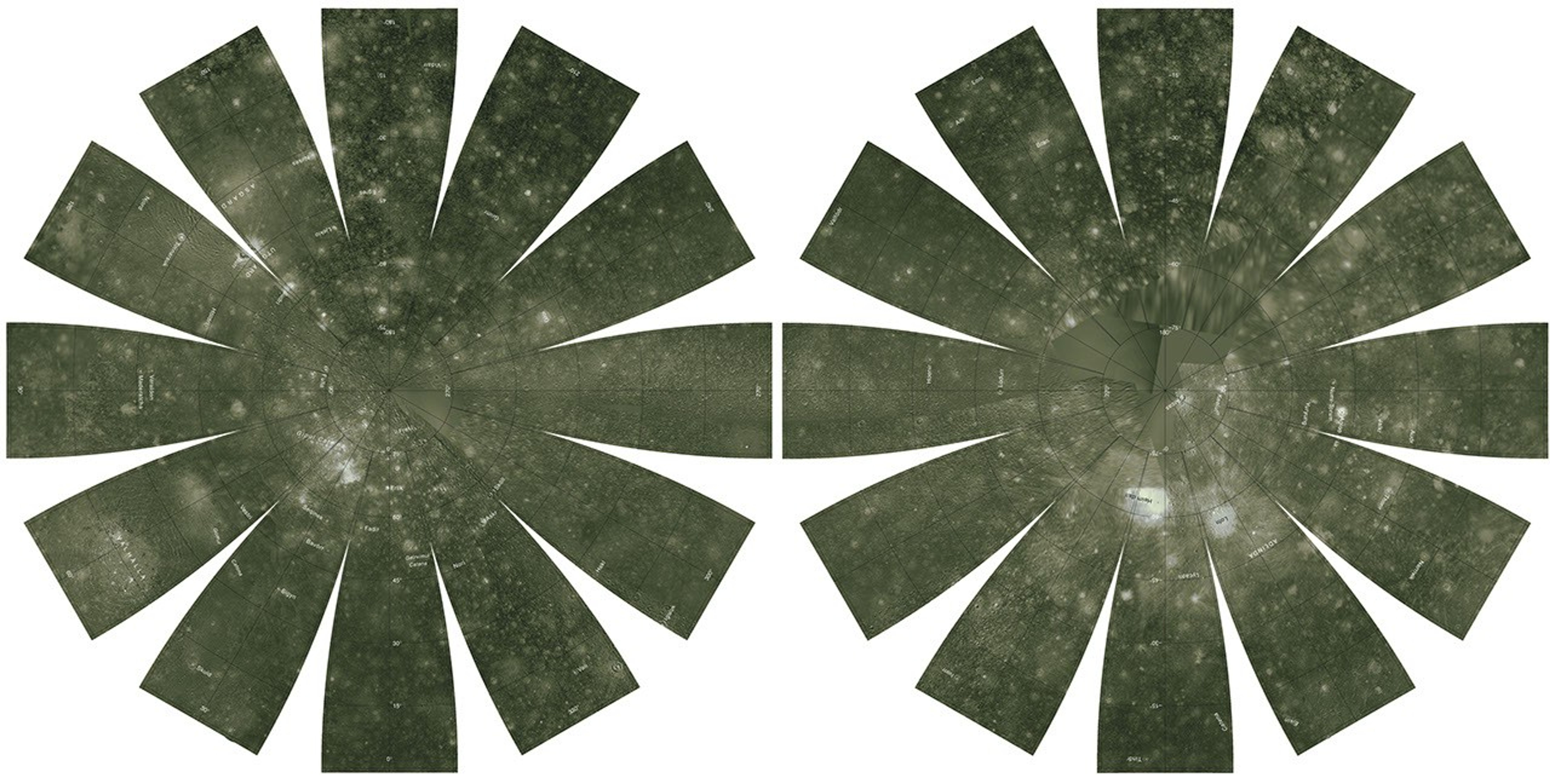The images used for the base of this globe were chosen from the best image quality and moderate resolution coverage supplied by NASA's Galileo and Voyager 1 spacecraft of Jupiter's moon, Callisto.