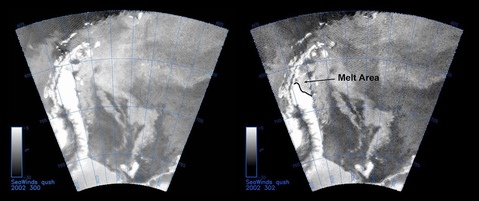 The SeaWinds instrument on NASA's Quick Scatterometer (QuikScat) spacecraft captured these near-real-time backscatter images of melting on the Larsen C ice shelf in Antarctica's Weddell Sea between October 27 (left) and October 29 (right).