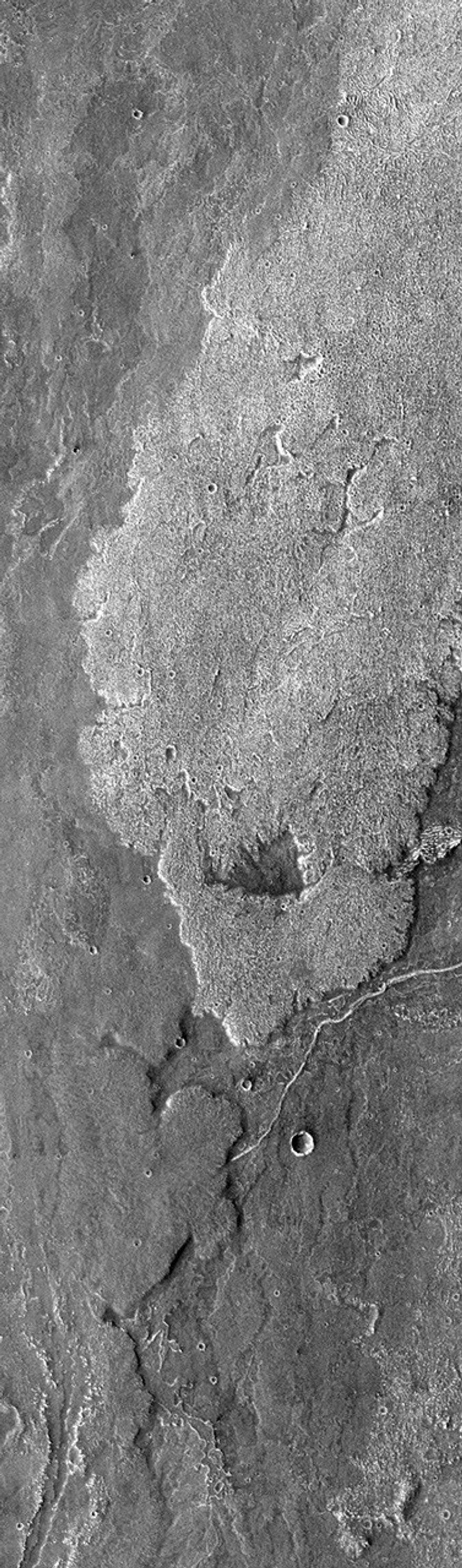 This image from NASA's Mars Odyssey spacecraft of lava flows south of Arsia Mons shows a broad, rough surfaced flow (brighter in image). The brighter flow splits at the bottom and then rejoins again, leaving a window of older flow visible.